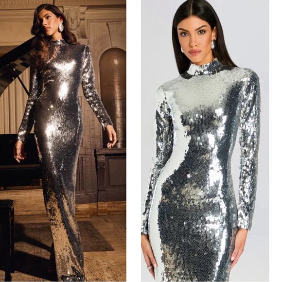 Retrofete Lucia Sequin Embellished Long Sleeve High Neck Silver Maxi Dress Sz S - Picture 1 of 9